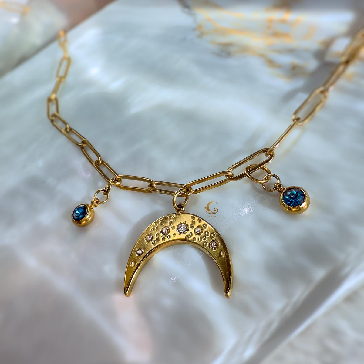 Celestial Moon Charm Necklace with Blue Zirconia