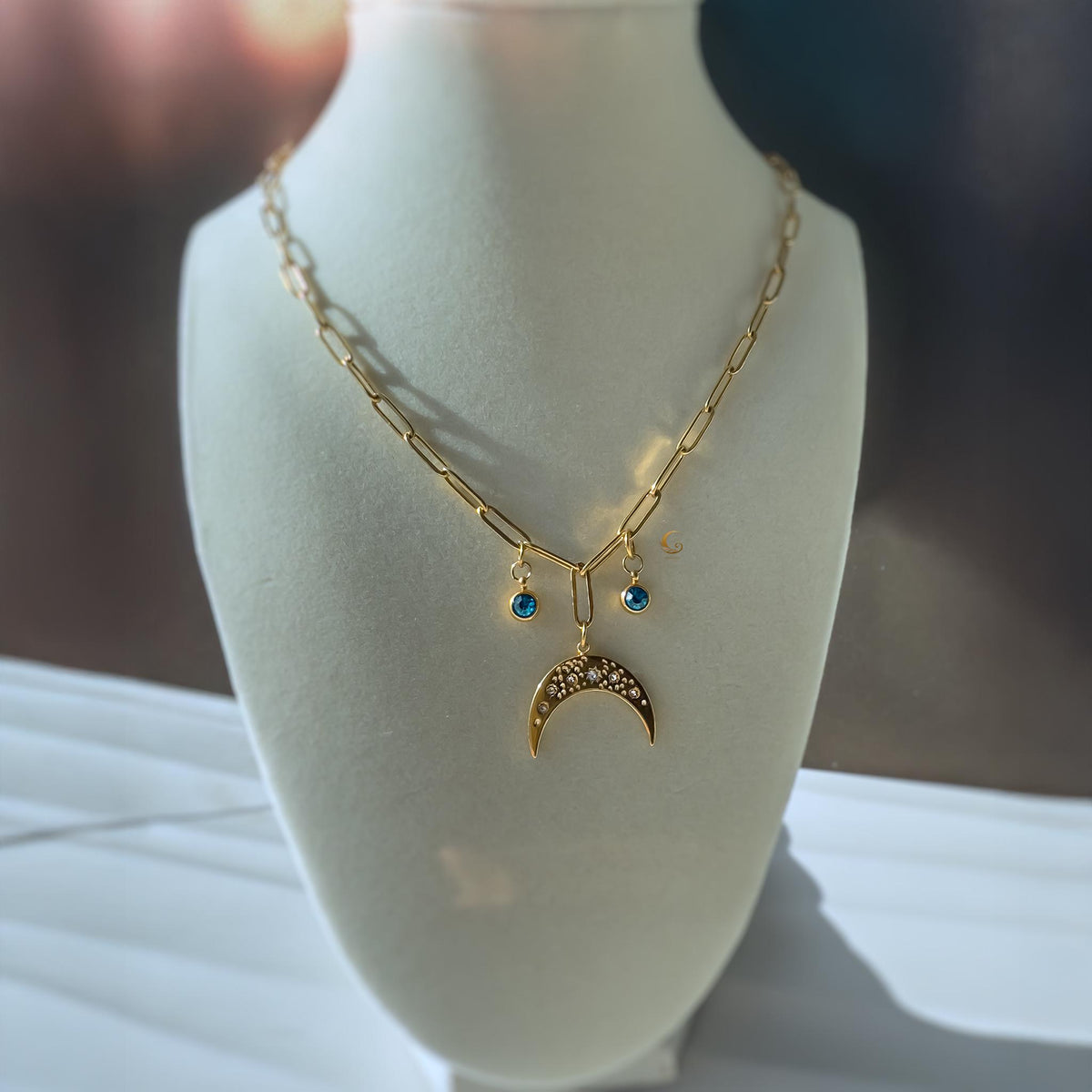 Celestial Moon Charm Necklace with Blue Zirconia