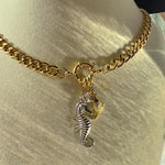 Cuban Chain Necklace with Seahorse, Fish and Crystal Ring Charms