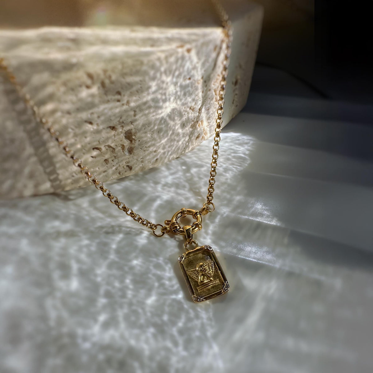 Gold Angel Medallion Necklace with Toggle Clasp
