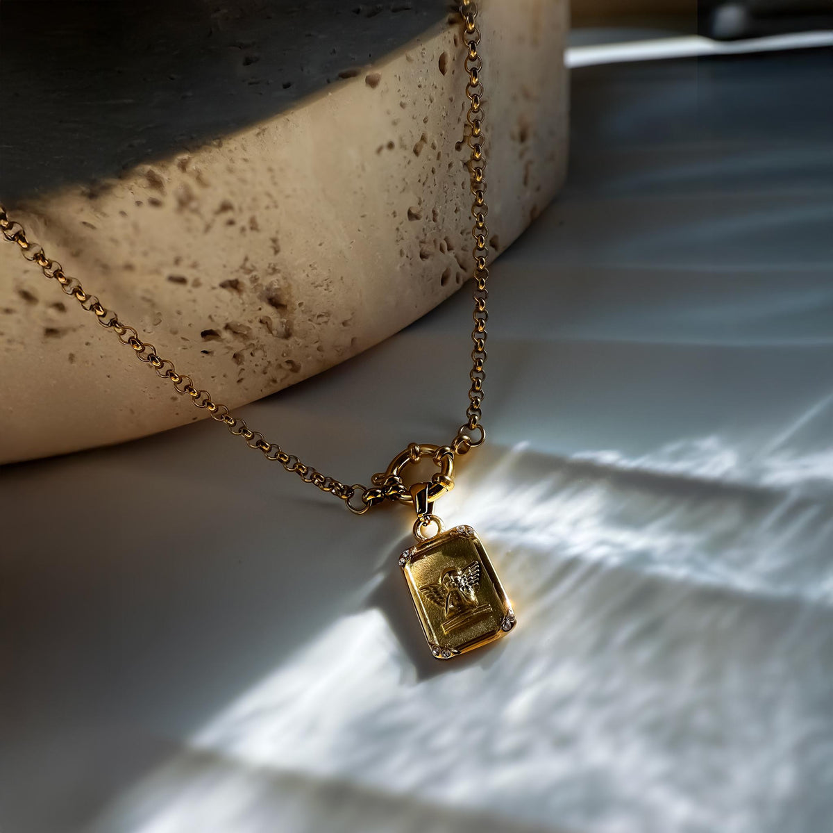 Gold Angel Medallion Necklace with Toggle Clasp