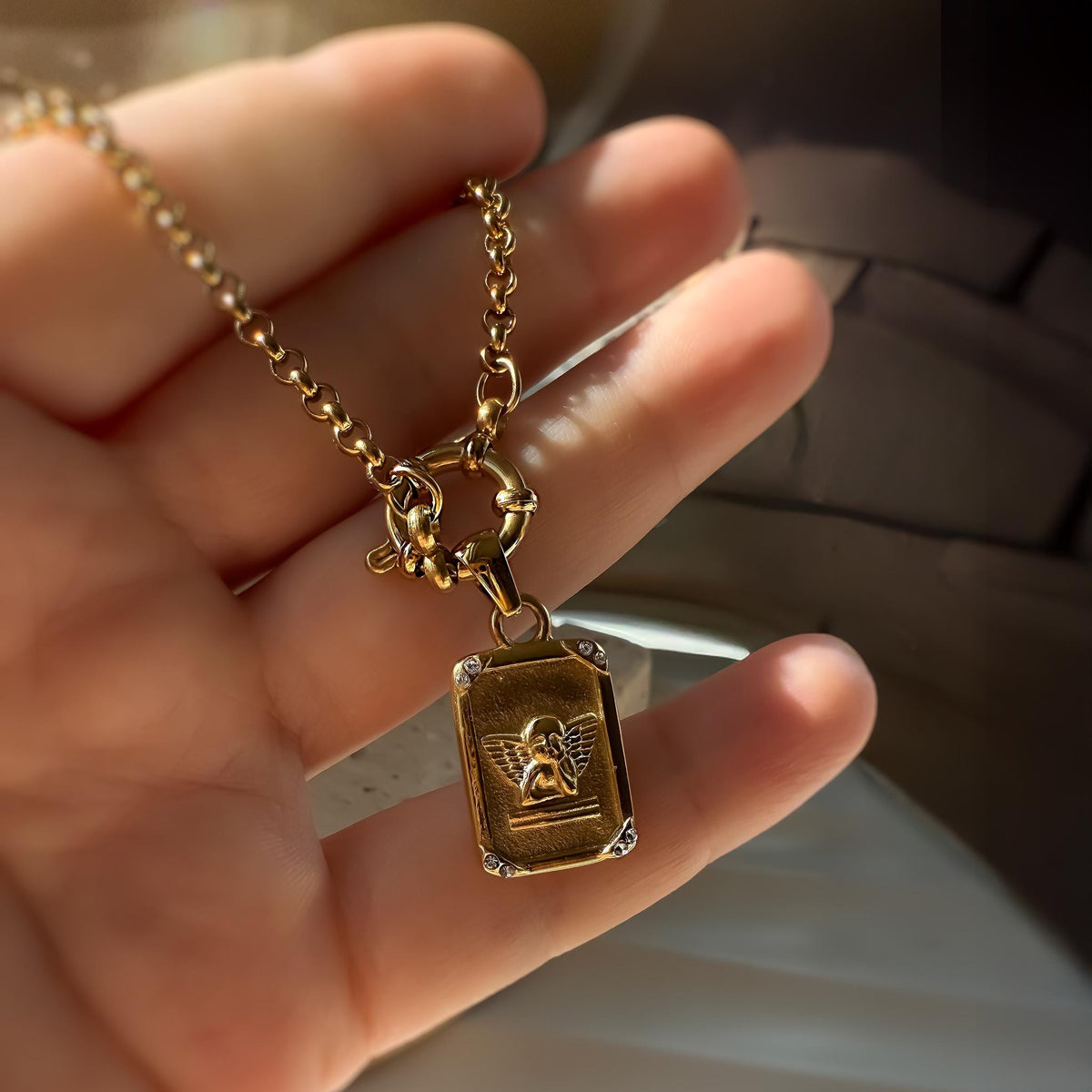 Gold Angel Medallion Necklace with Toggle Clasp