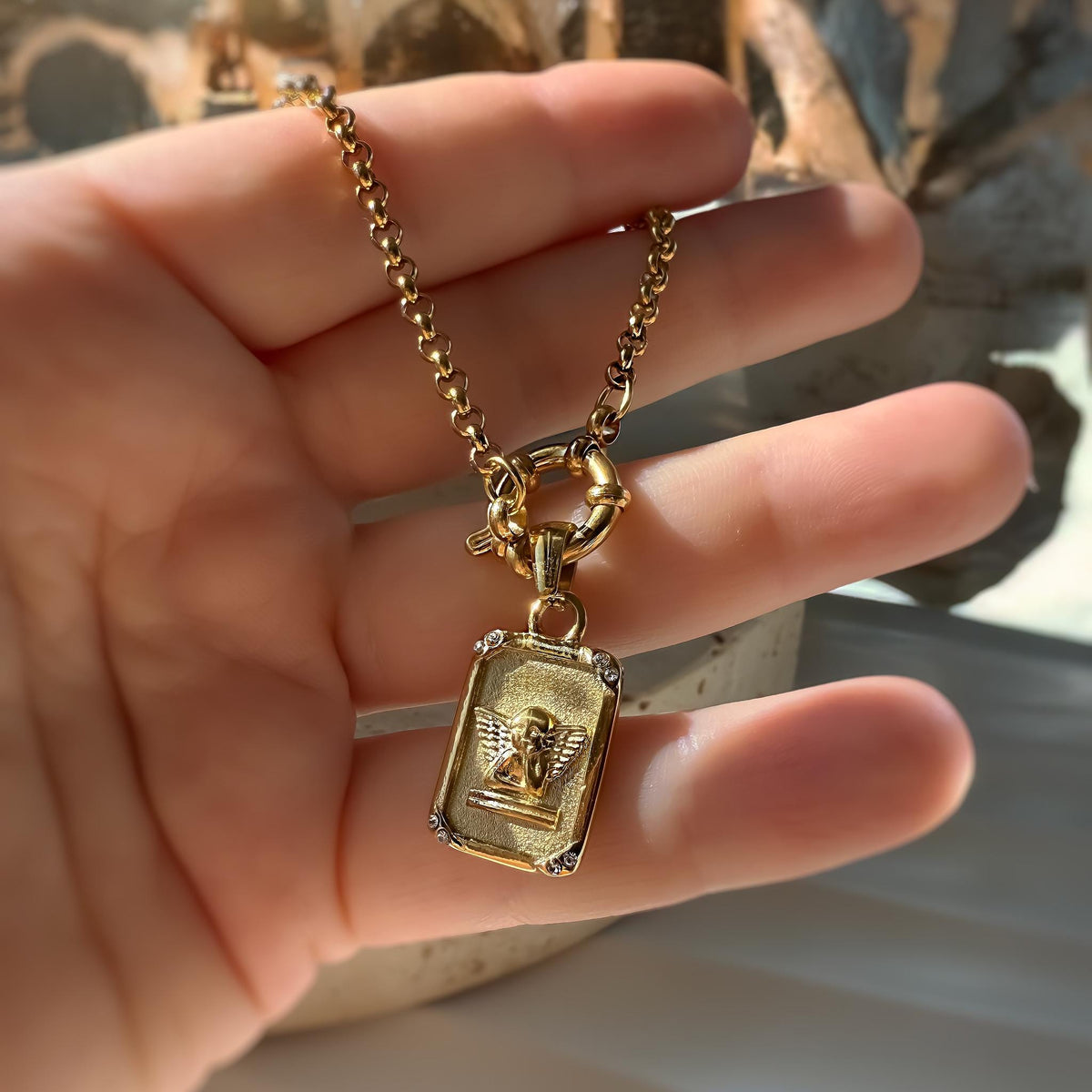 Gold Angel Medallion Necklace with Toggle Clasp