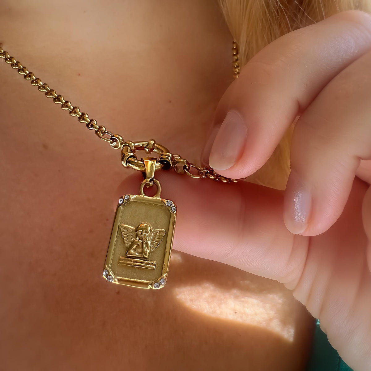 Gold Angel Medallion Necklace with Toggle Clasp