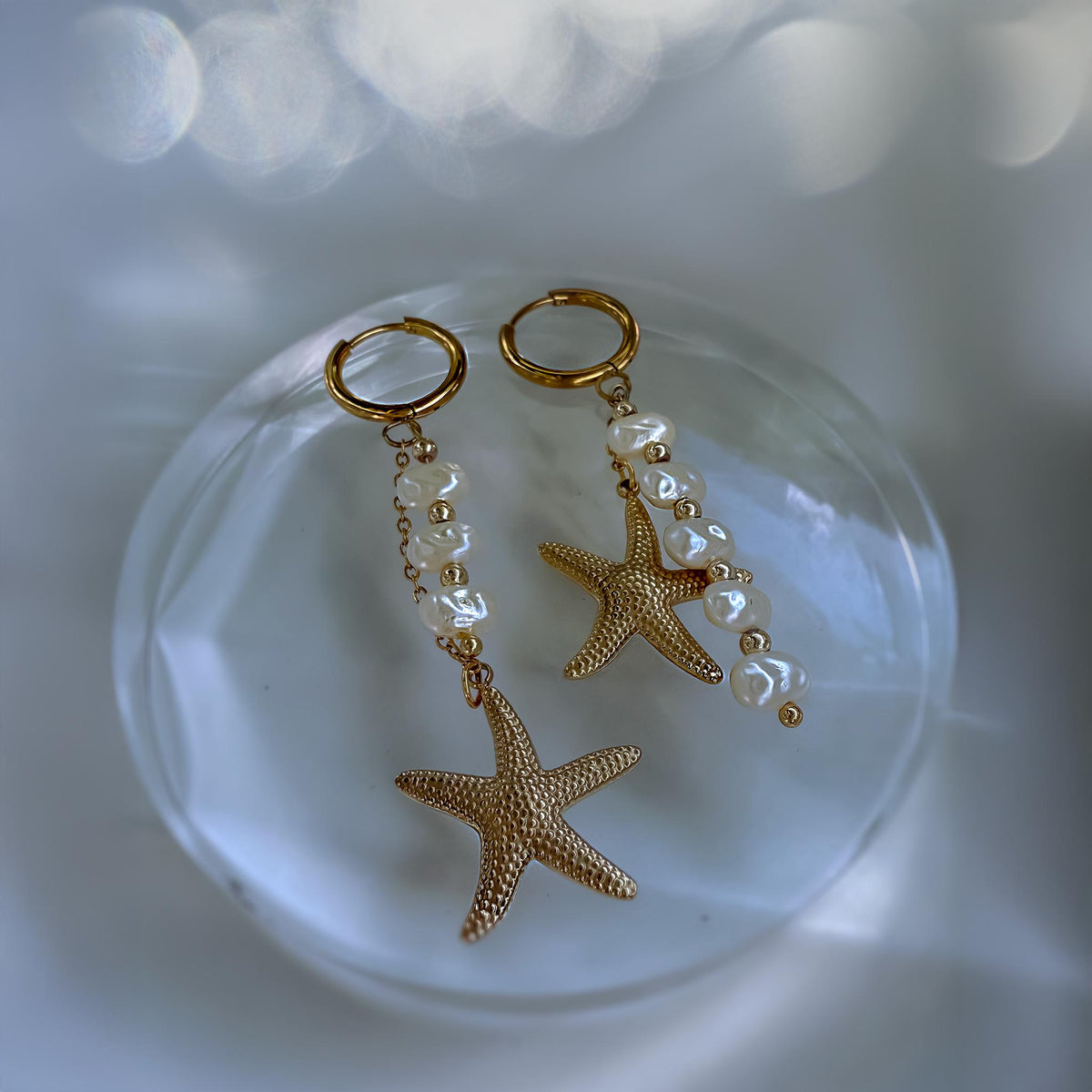 Starfish and Pearl Mismatched Hoop Earrings