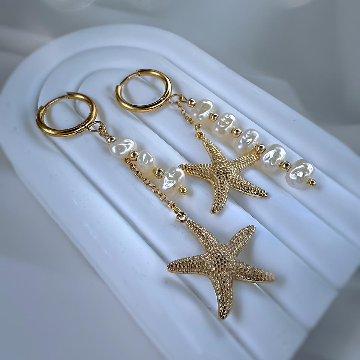 Starfish and Pearl Mismatched Hoop Earrings