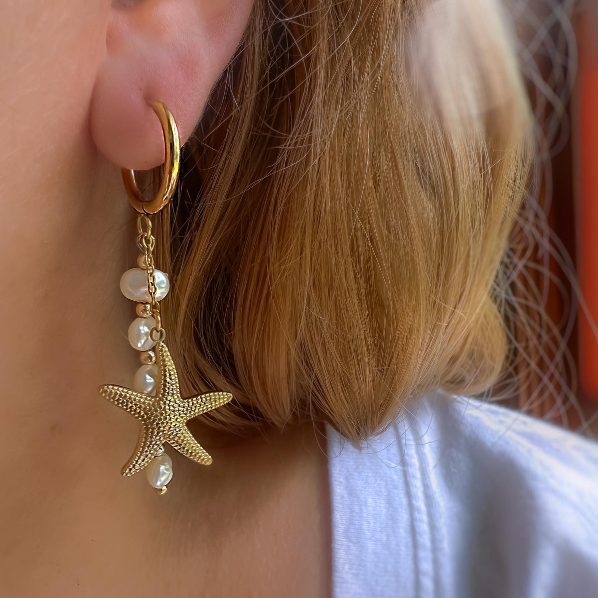 Starfish and Pearl Mismatched Hoop Earrings