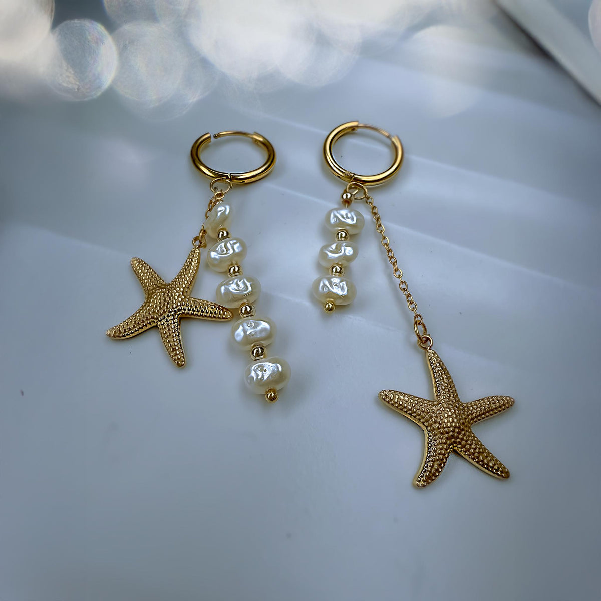 Starfish and Pearl Mismatched Hoop Earrings