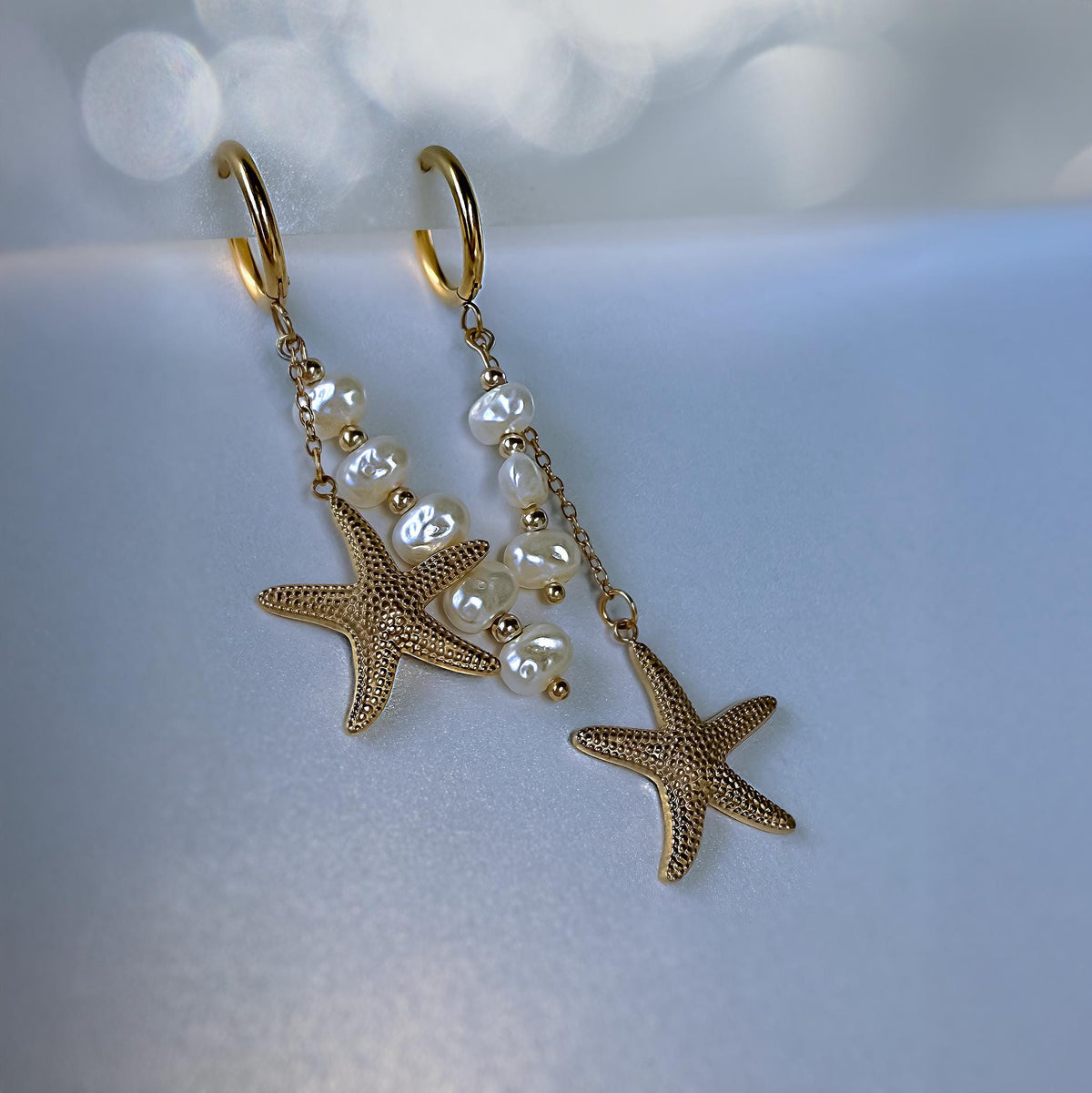 Starfish and Pearl Mismatched Hoop Earrings
