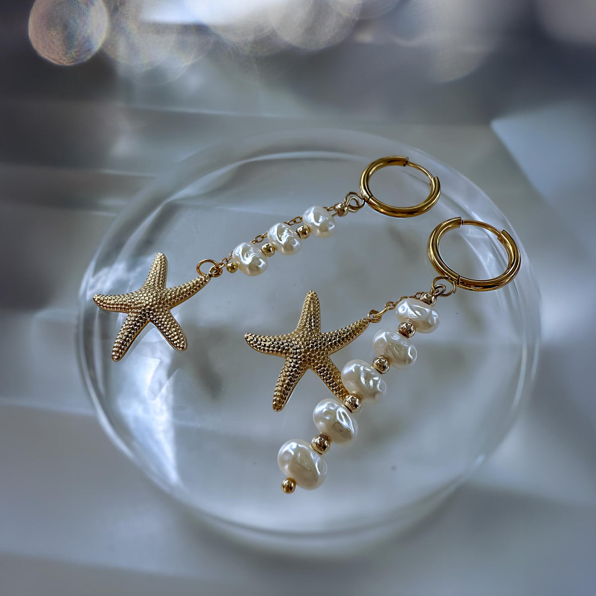 Starfish and Pearl Mismatched Hoop Earrings