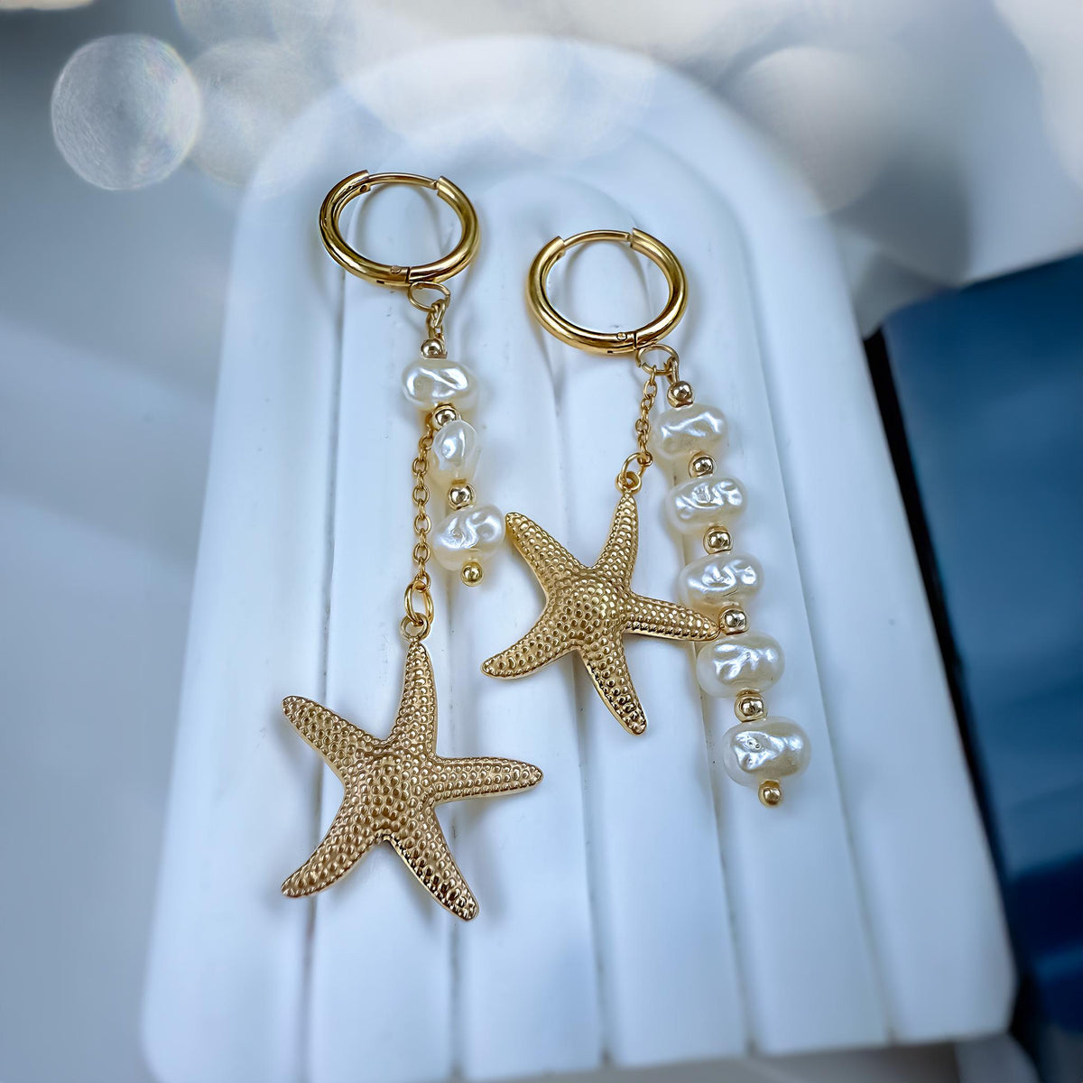 Starfish and Pearl Mismatched Hoop Earrings