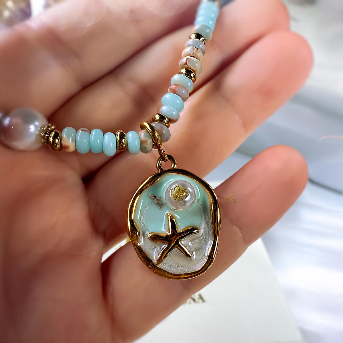 Beaded Choker Necklace with Gold Starfish Pendant