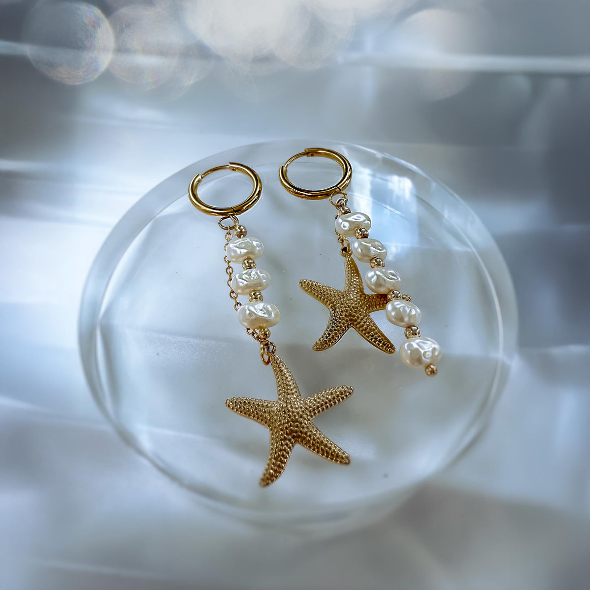 Starfish and Pearl Mismatched Hoop Earrings