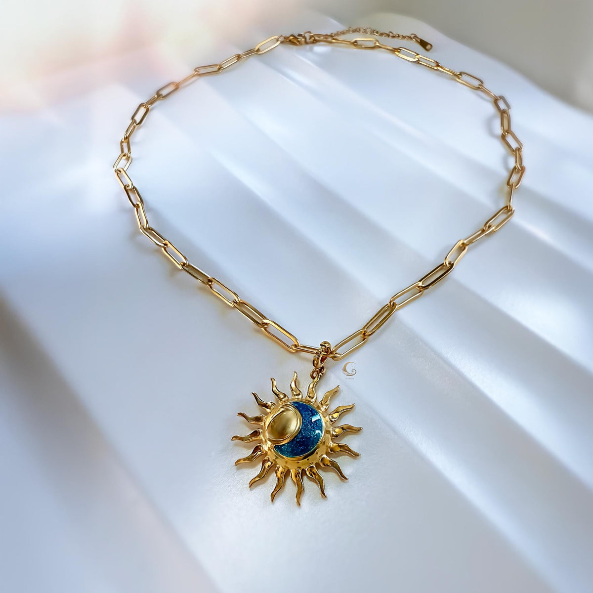 Sun and Blue Crescent Moon Necklace