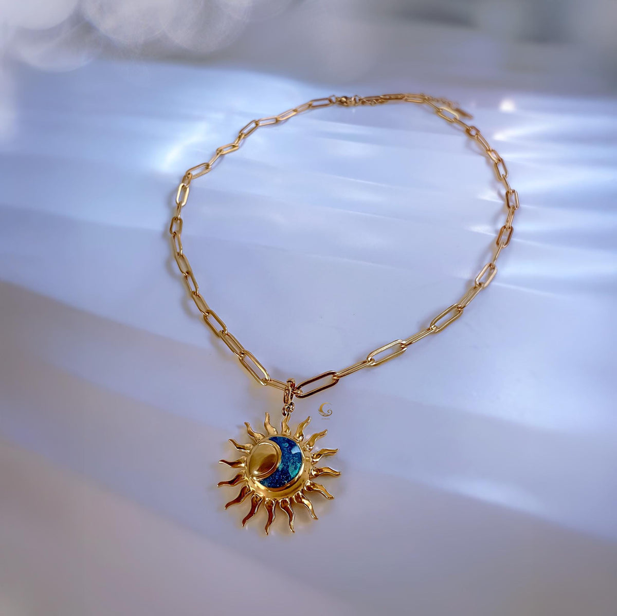 Sun and Blue Crescent Moon Necklace