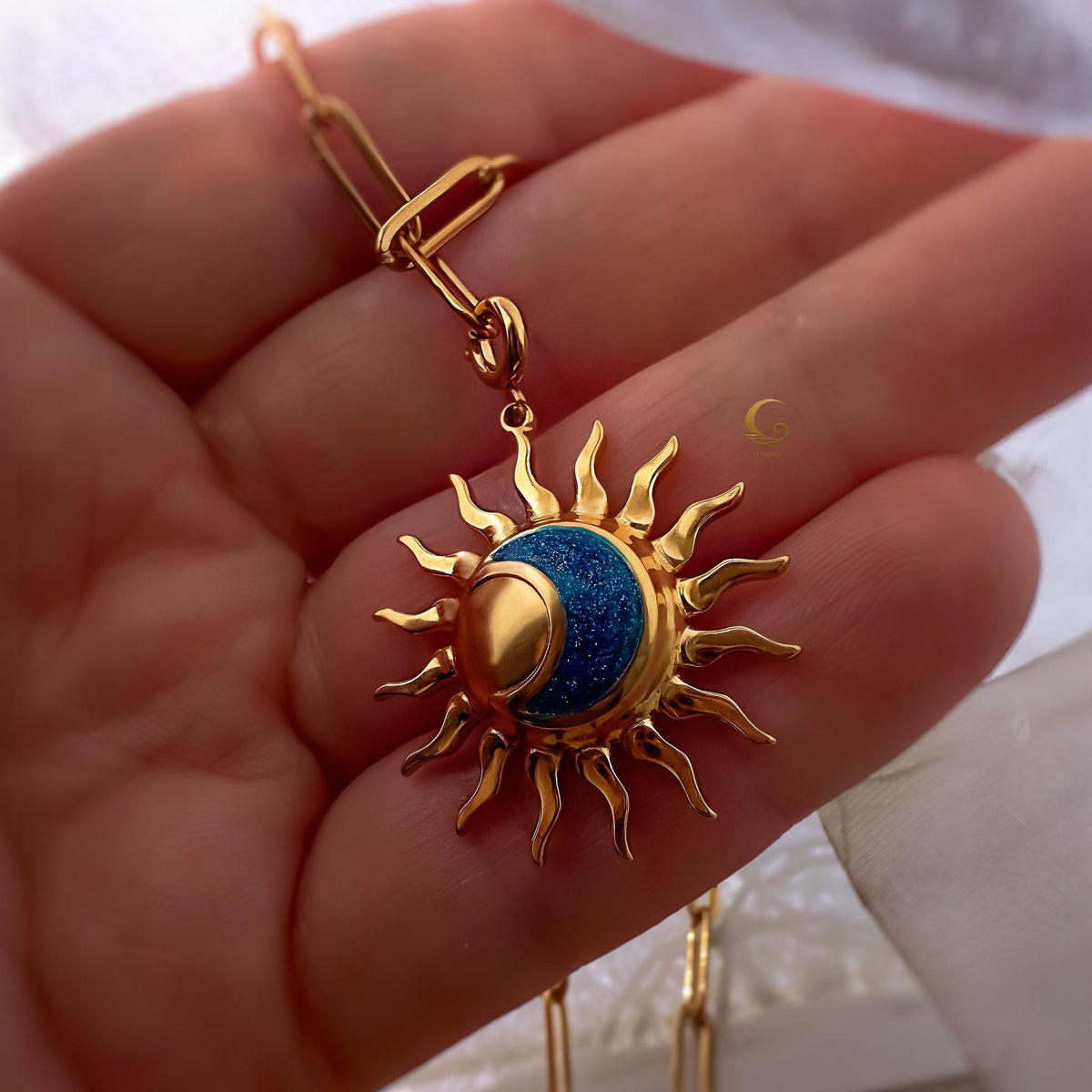 Sun and Blue Crescent Moon Necklace