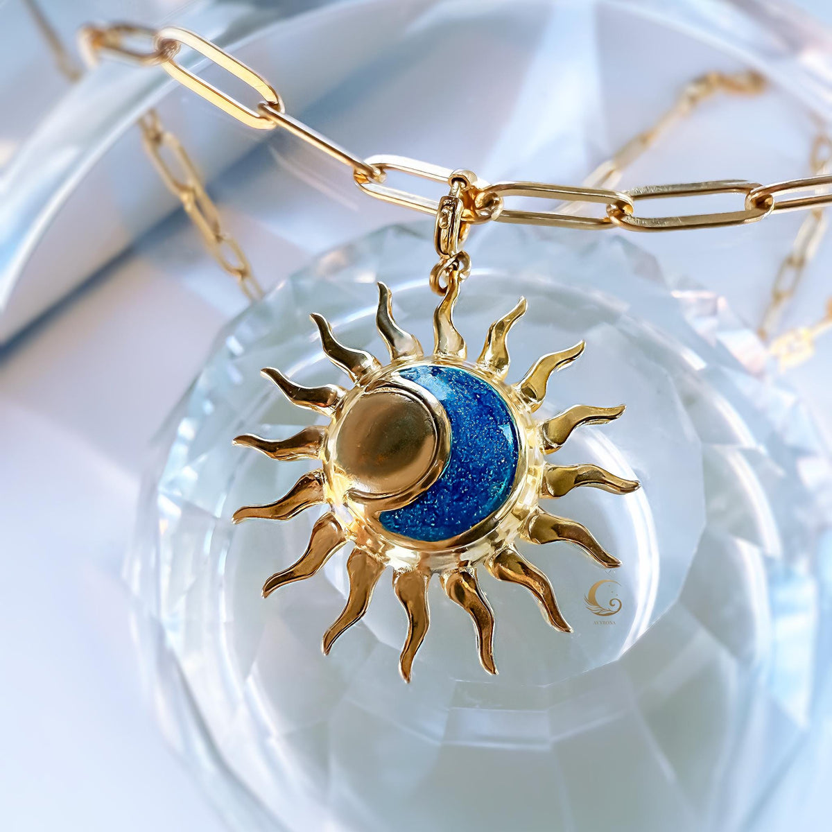 Sun and Blue Crescent Moon Necklace