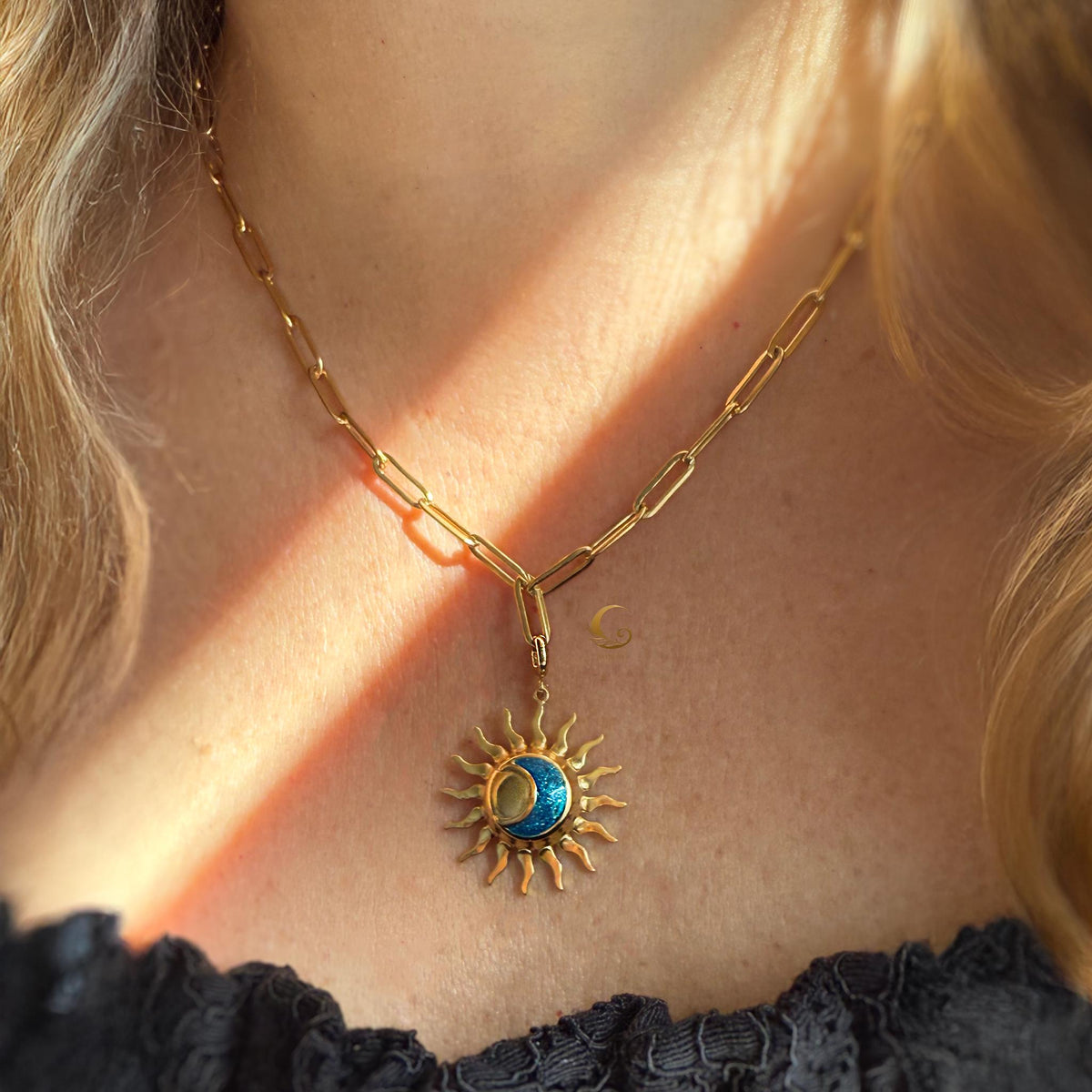 Sun and Blue Crescent Moon Necklace