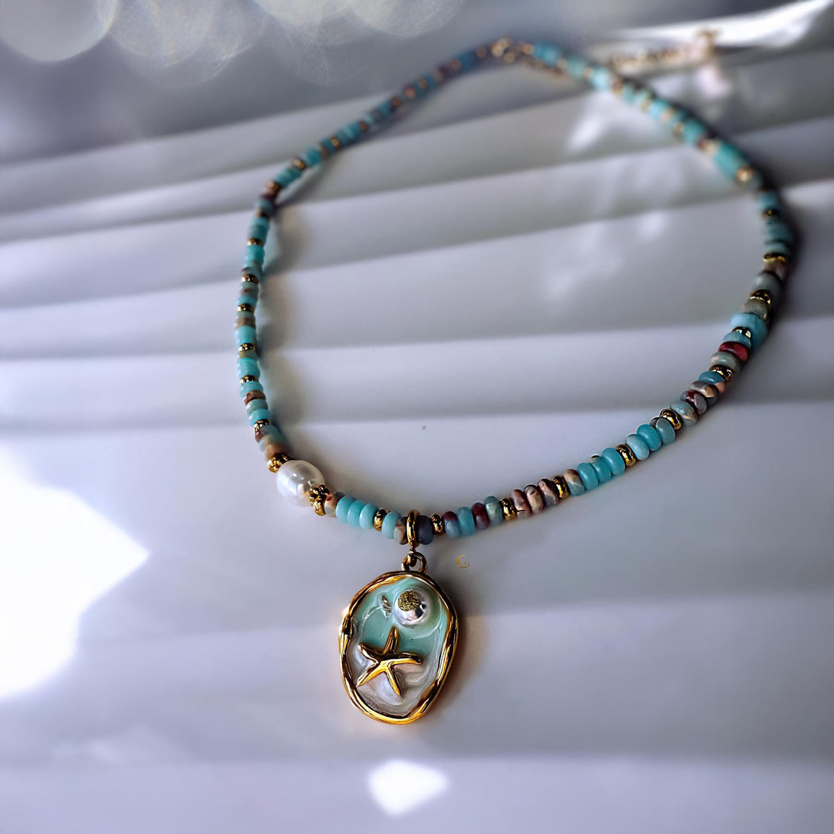 Beaded Choker Necklace with Gold Starfish Pendant
