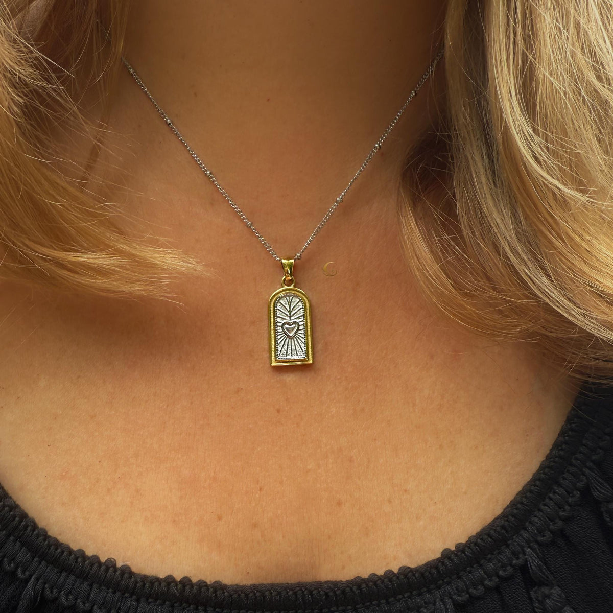 Gold and Silver Sacred Heart Sunburst Necklace