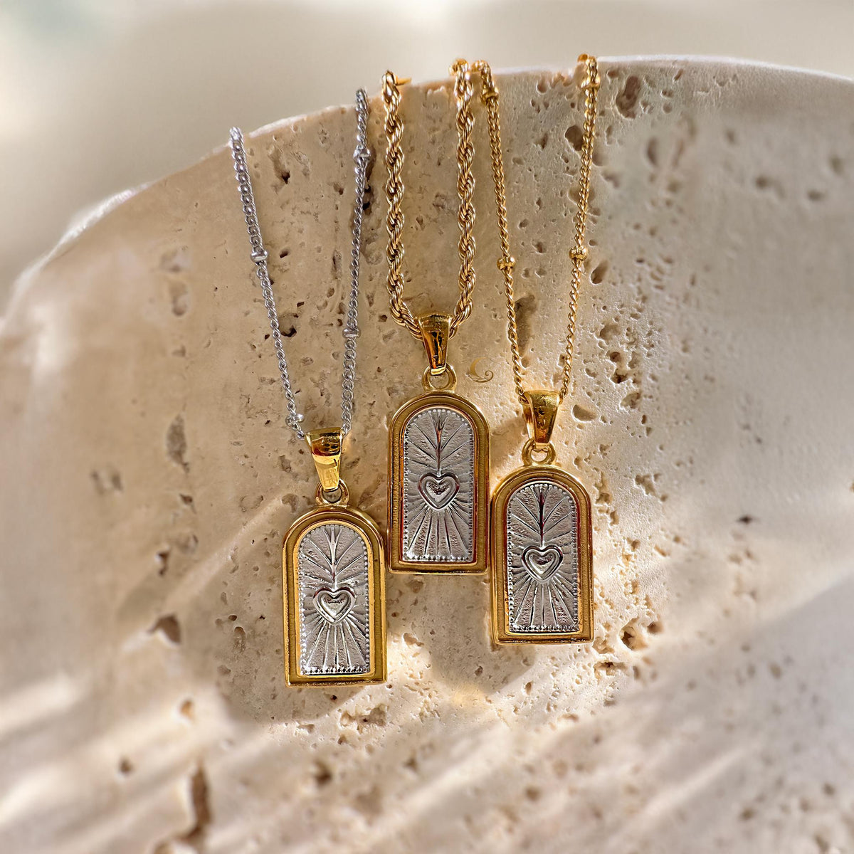 Gold and Silver Sacred Heart Sunburst Necklace