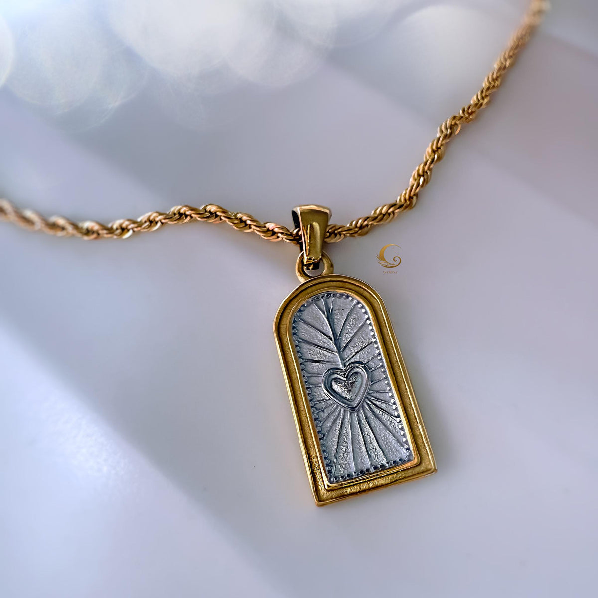 Gold and Silver Sacred Heart Sunburst Necklace
