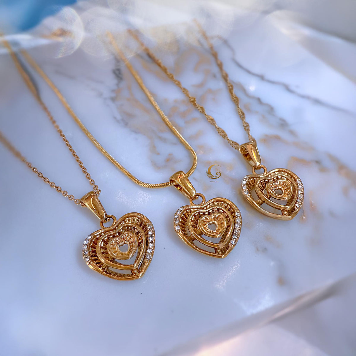 Triple Heart Layered Necklace with Cubic Zirconia