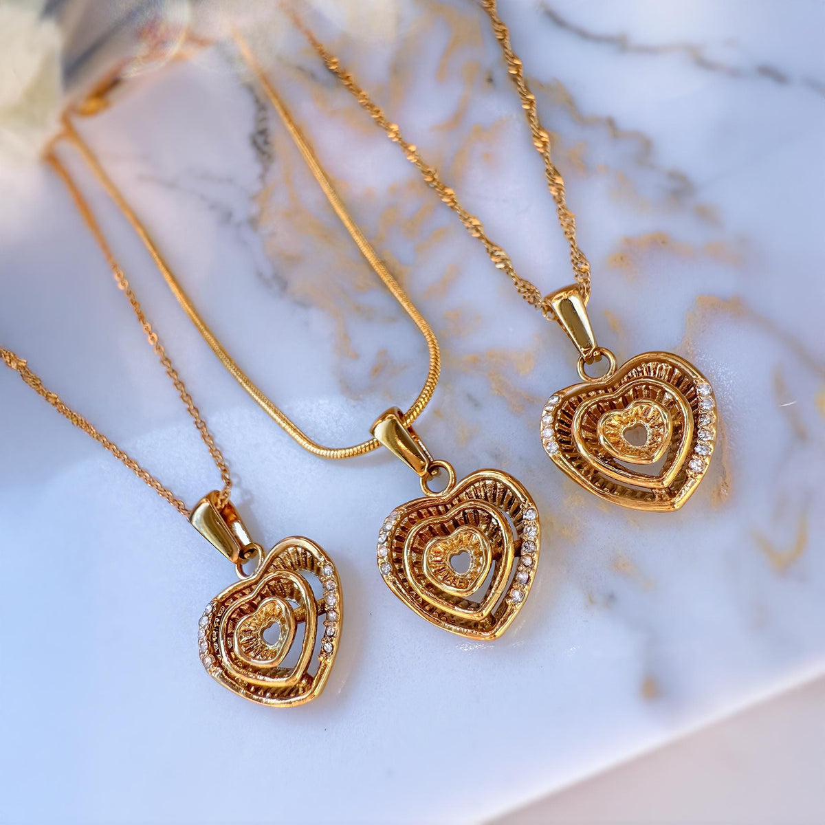 Triple Heart Layered Necklace with Cubic Zirconia