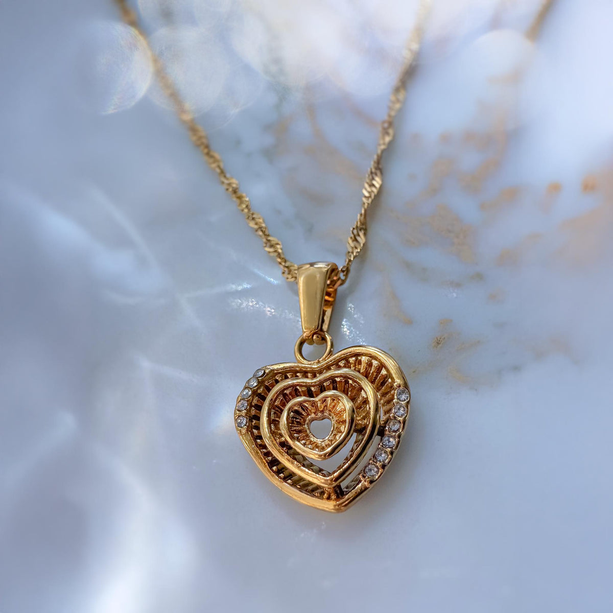 Triple Heart Layered Necklace with Cubic Zirconia