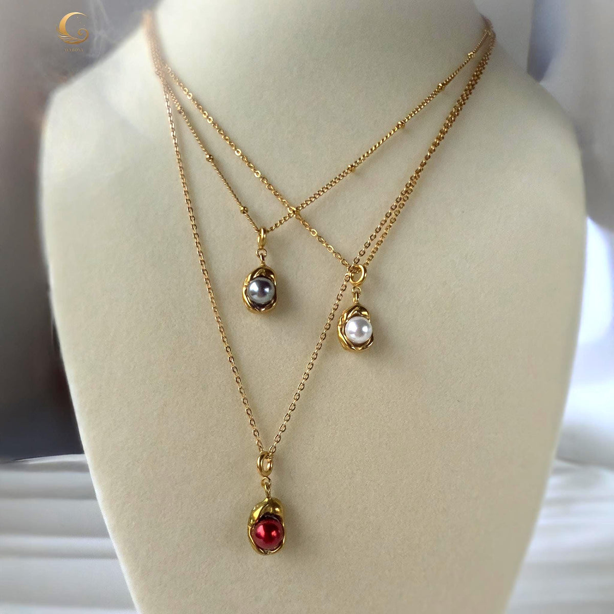 Gold Bean Pearl Charm Necklace