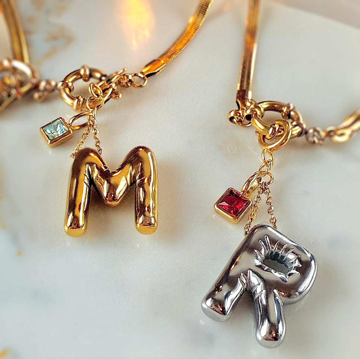 Personalized Initial Necklace with Birthstone and Front Clasp Snake Chain