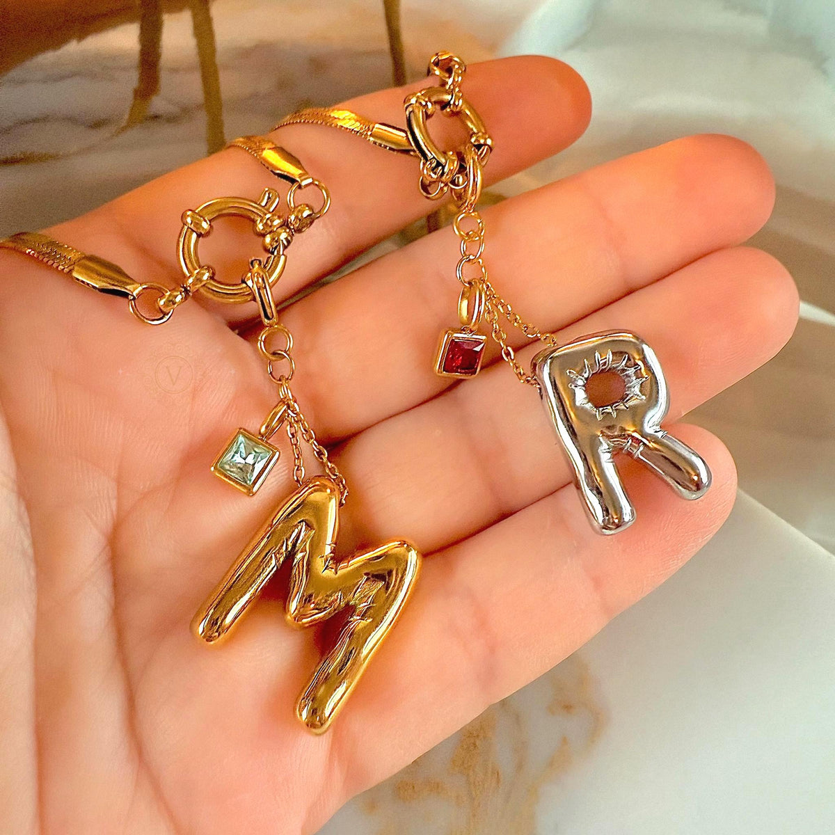 Personalized Initial Necklace with Birthstone and Front Clasp Snake Chain