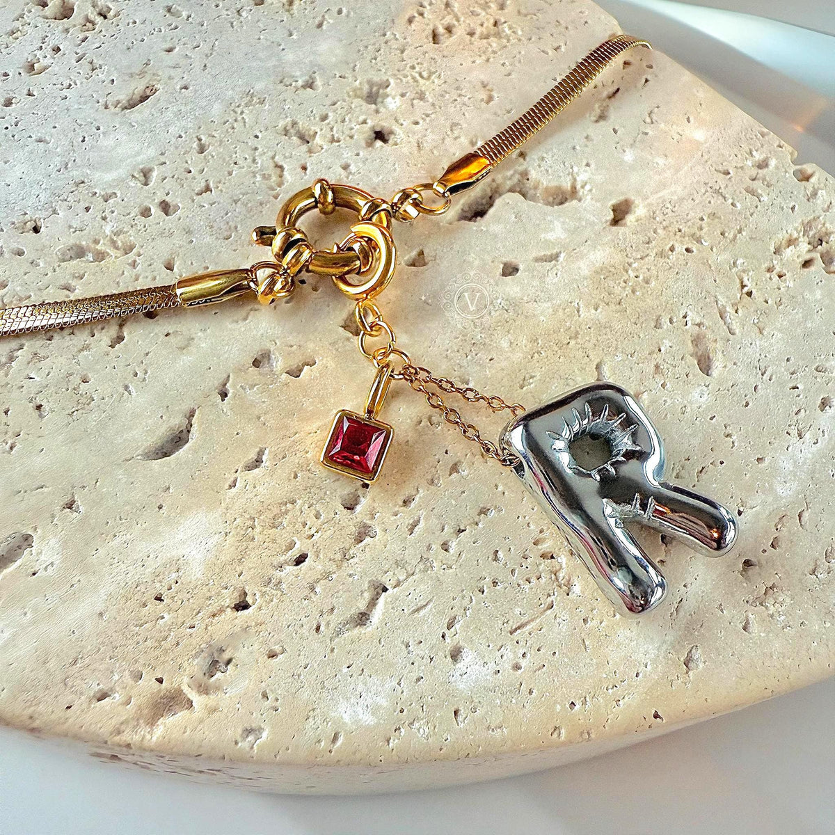 Personalized Initial Necklace with Birthstone and Front Clasp Snake Chain