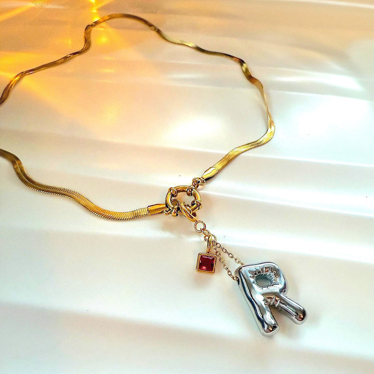 Personalized Initial Necklace with Birthstone and Front Clasp Snake Chain