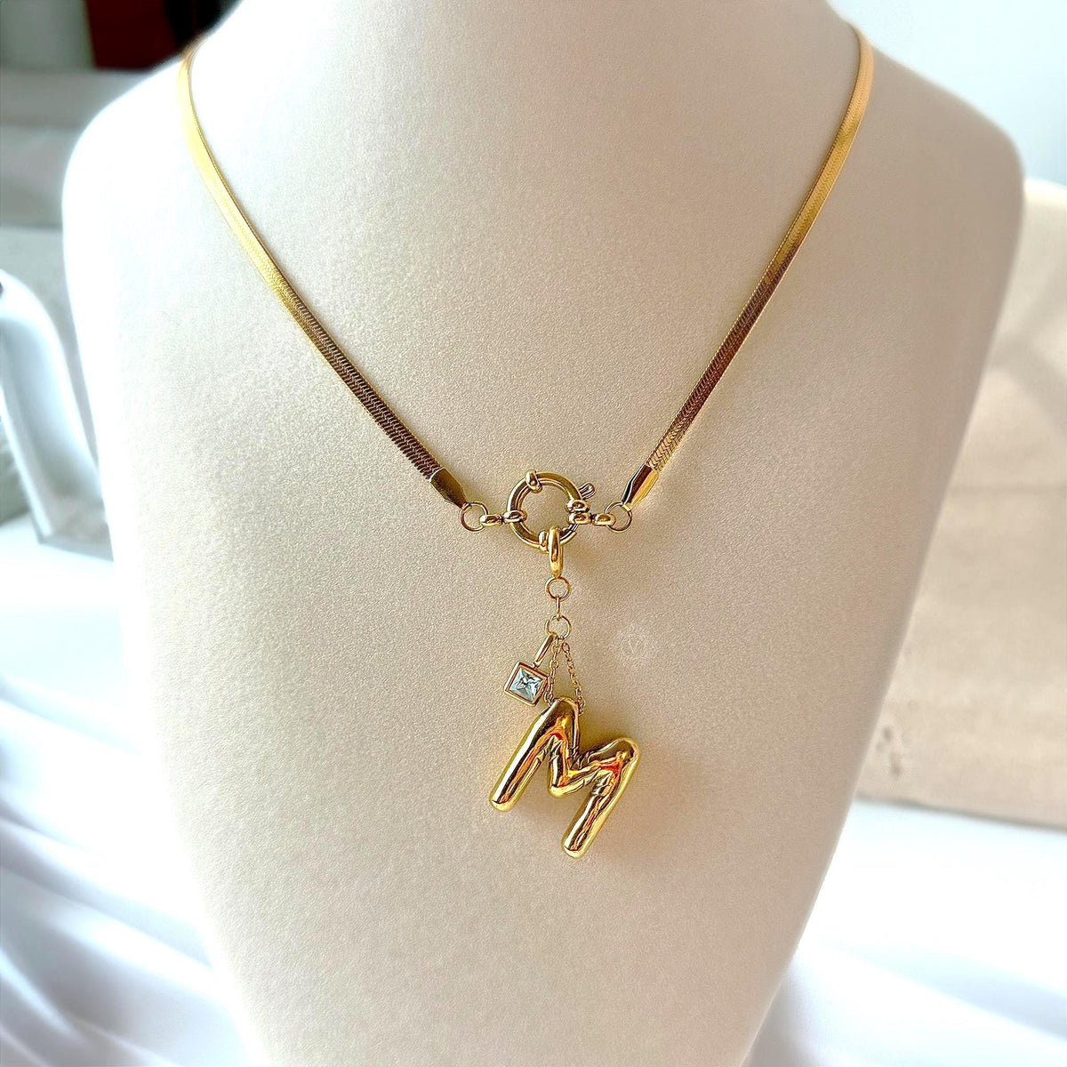 Personalized Initial Necklace with Birthstone and Front Clasp Snake Chain