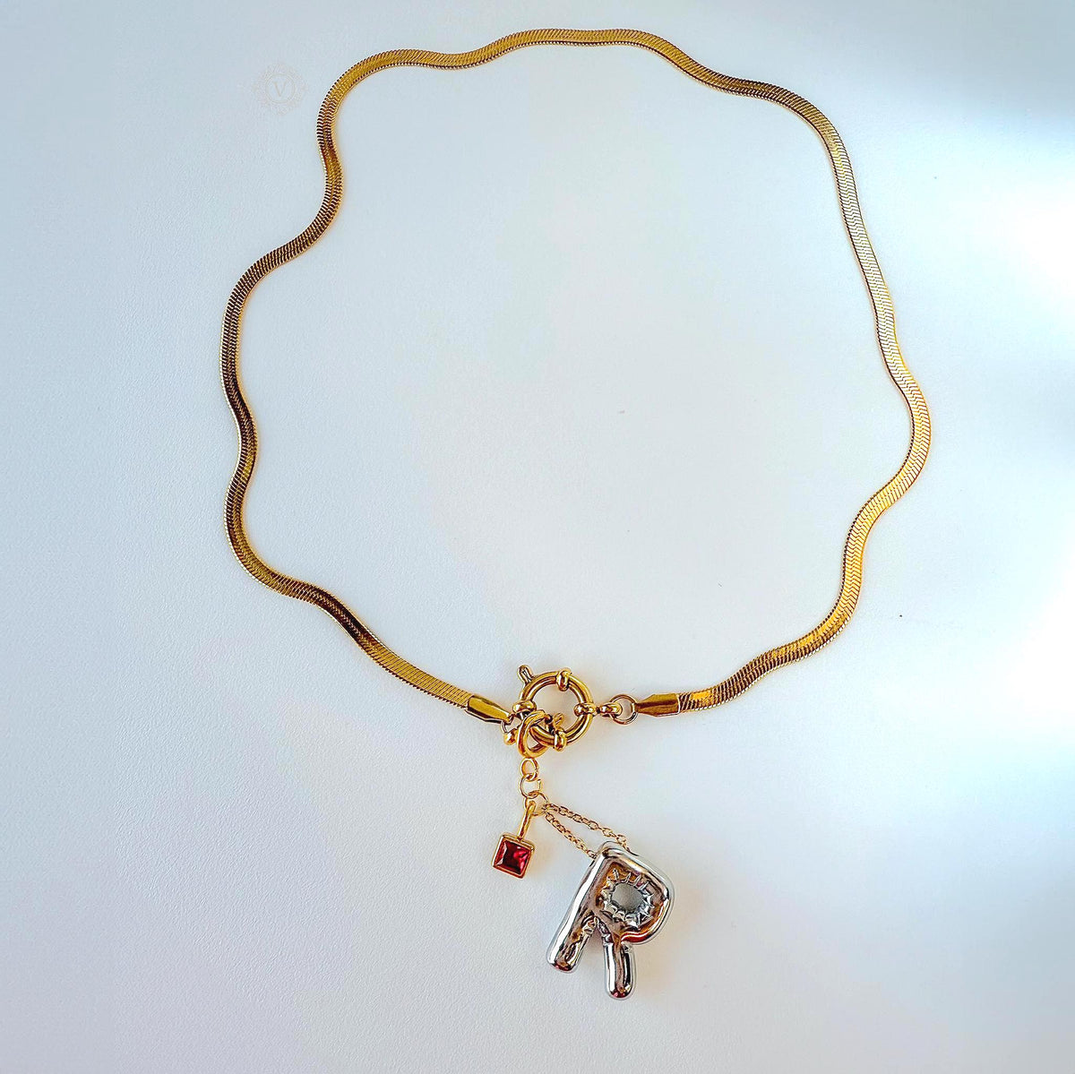 Personalized Initial Necklace with Birthstone and Front Clasp Snake Chain