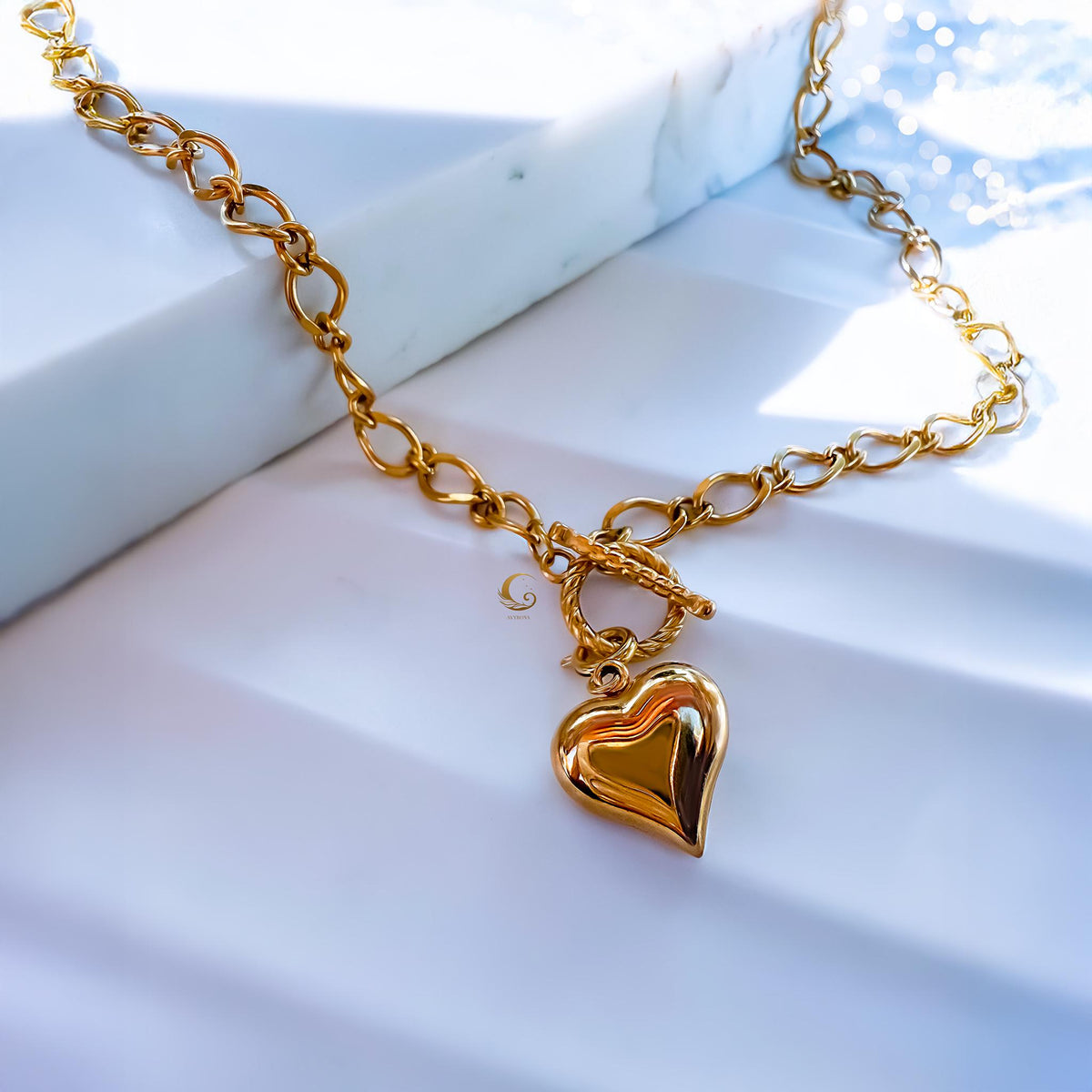 Puffy Gold Heart Toggle Necklace