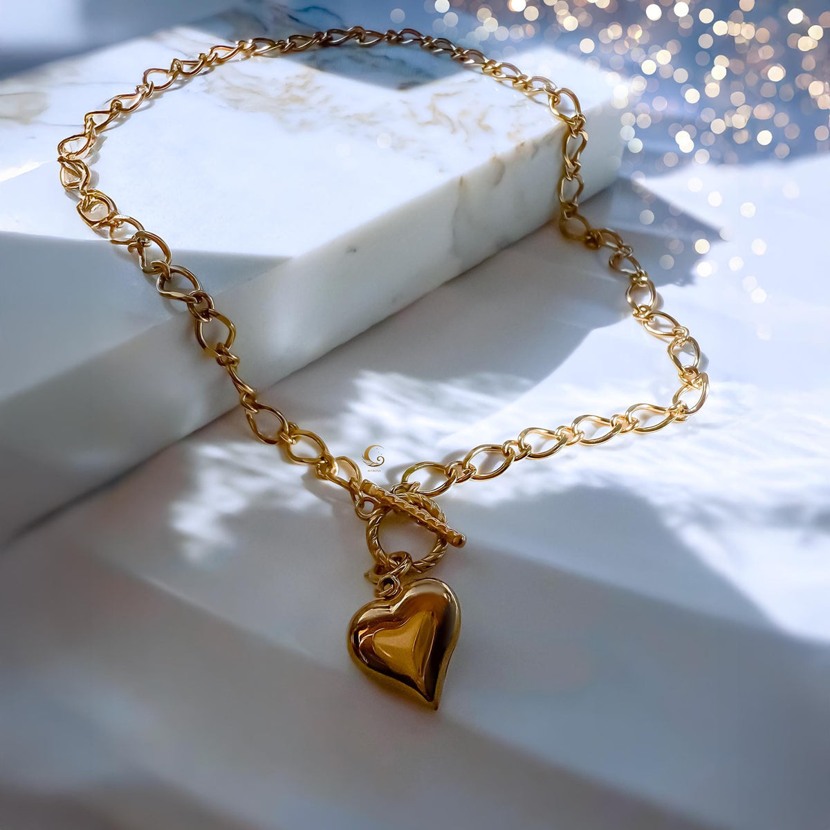 Puffy Gold Heart Toggle Necklace