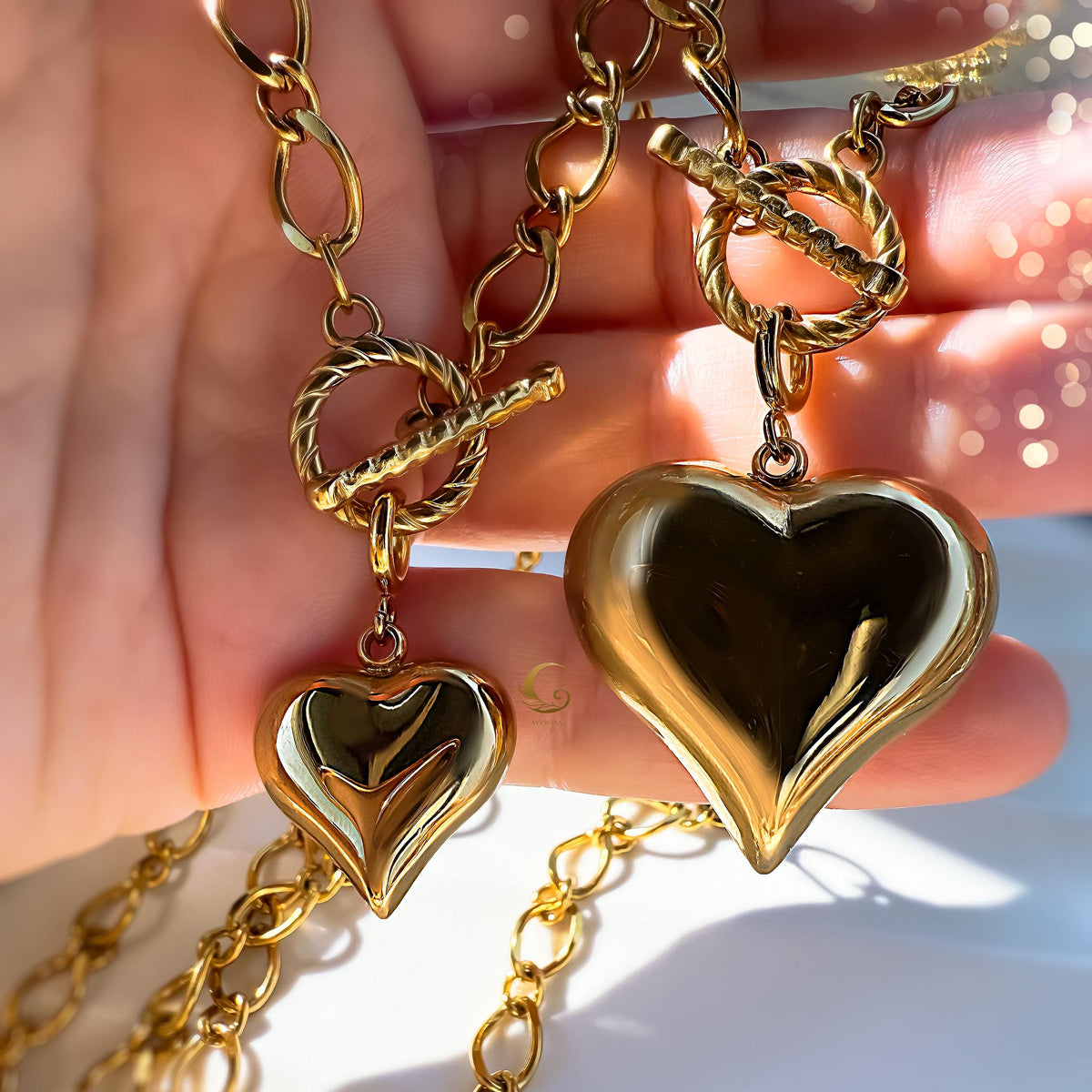 Puffy Gold Heart Toggle Necklace