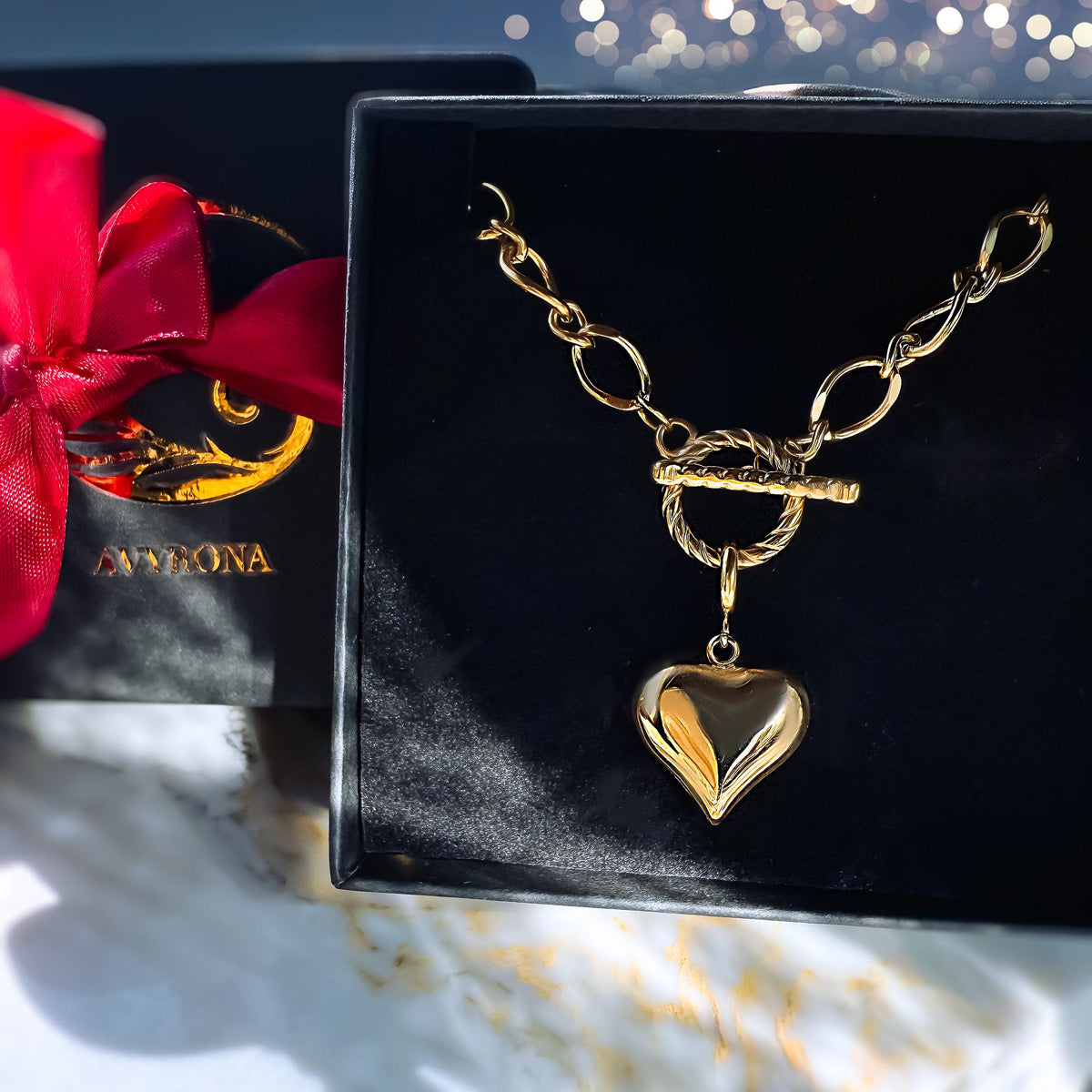 Puffy Gold Heart Toggle Necklace