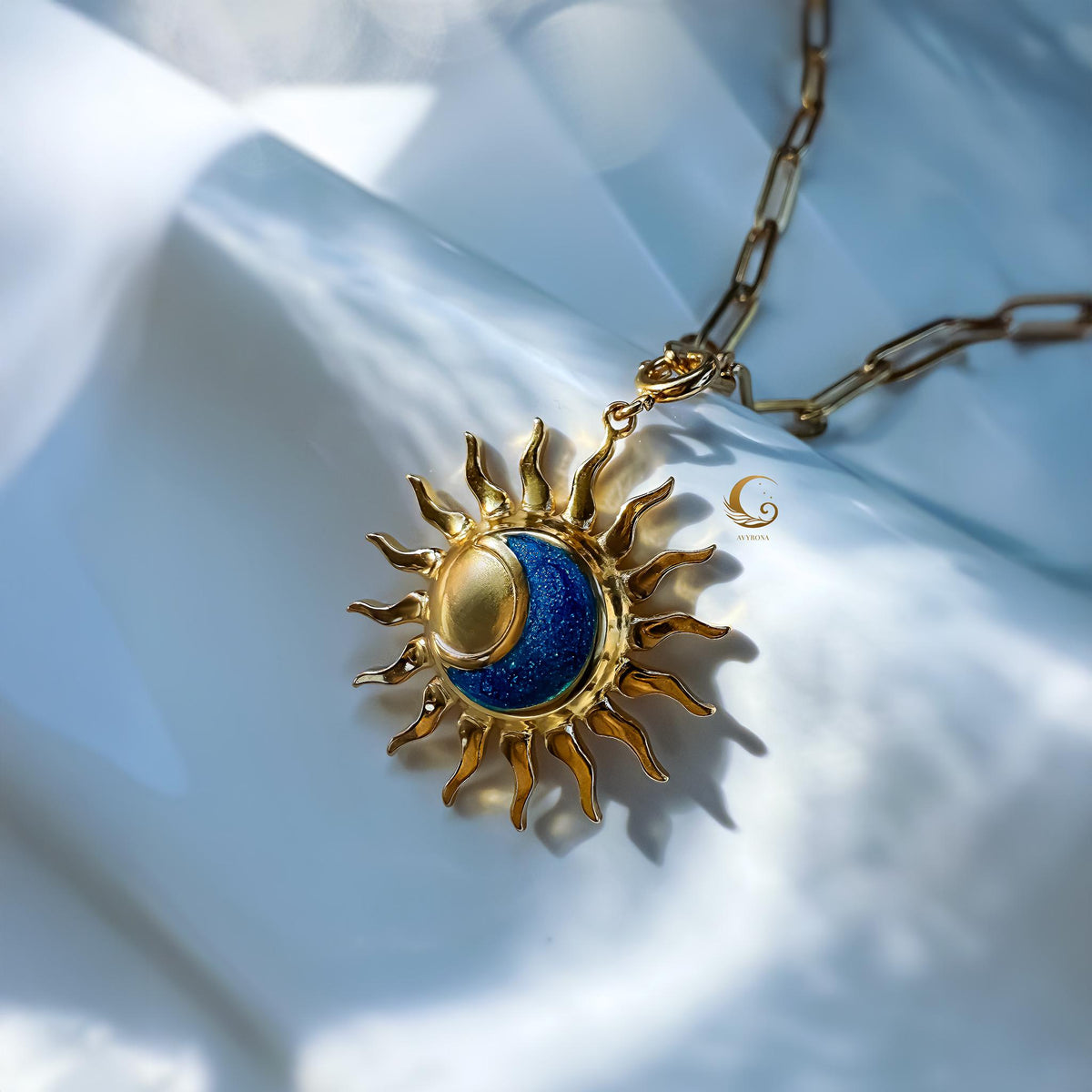 Sun and Blue Crescent Moon Necklace
