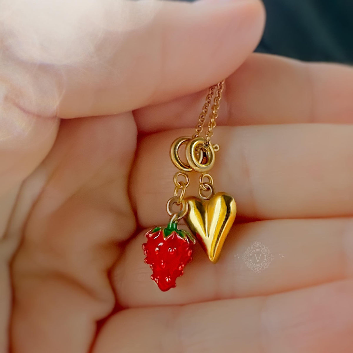 Gold Heart and Wild Strawberry Charm Necklace