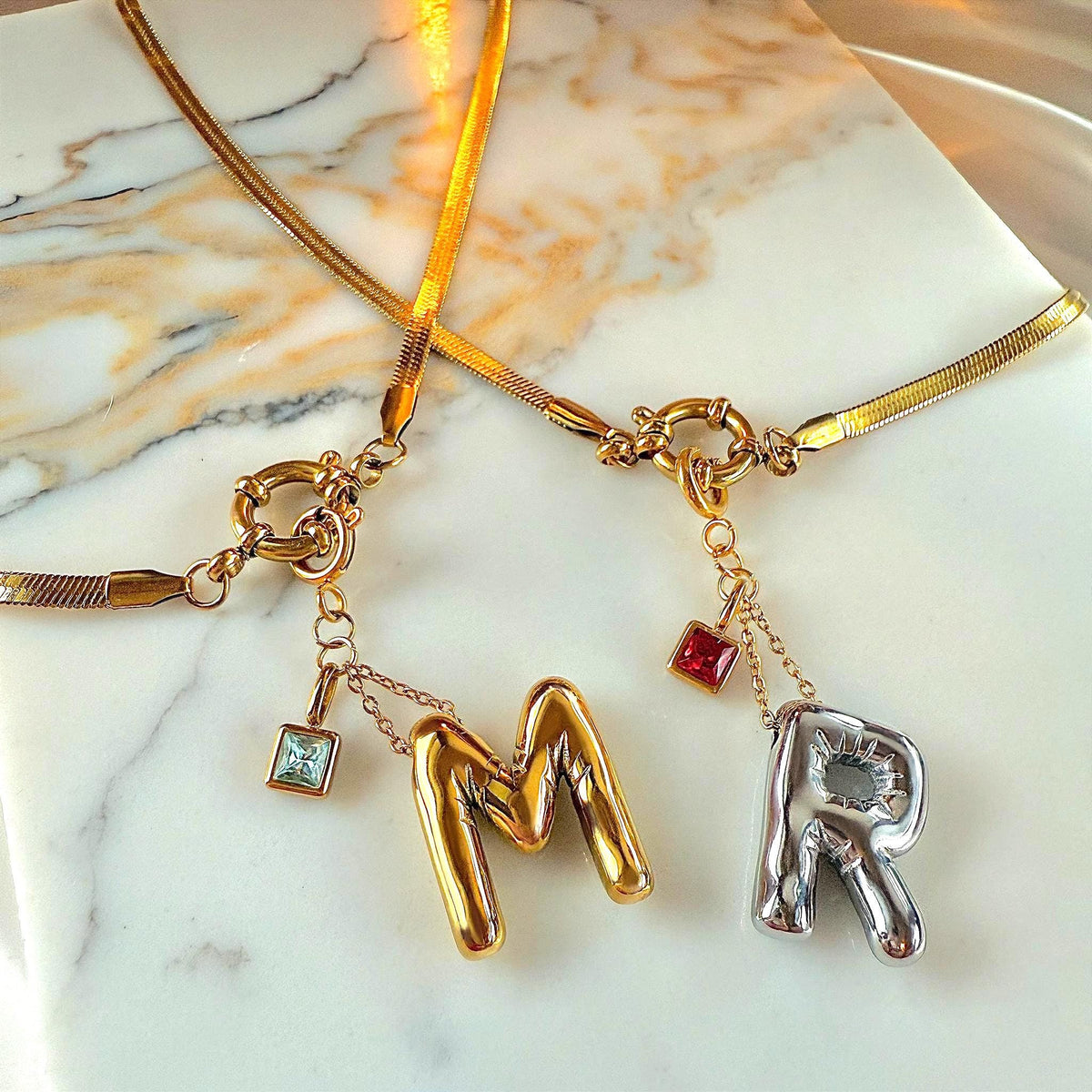 Personalized Initial Necklace with Birthstone and Front Clasp Snake Chain