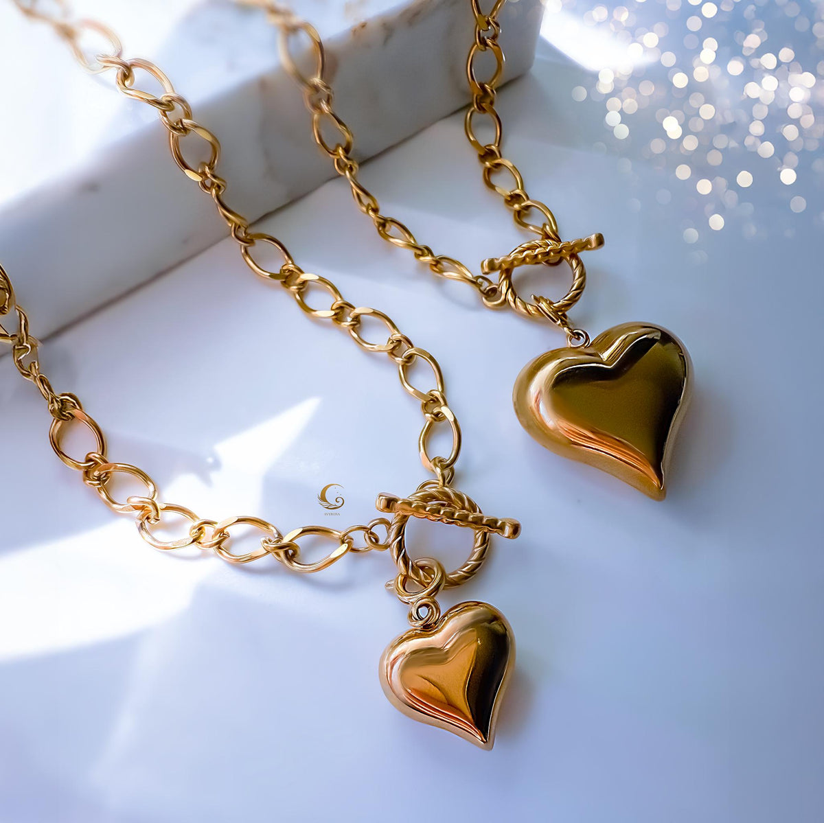 Puffy Gold Heart Toggle Necklace