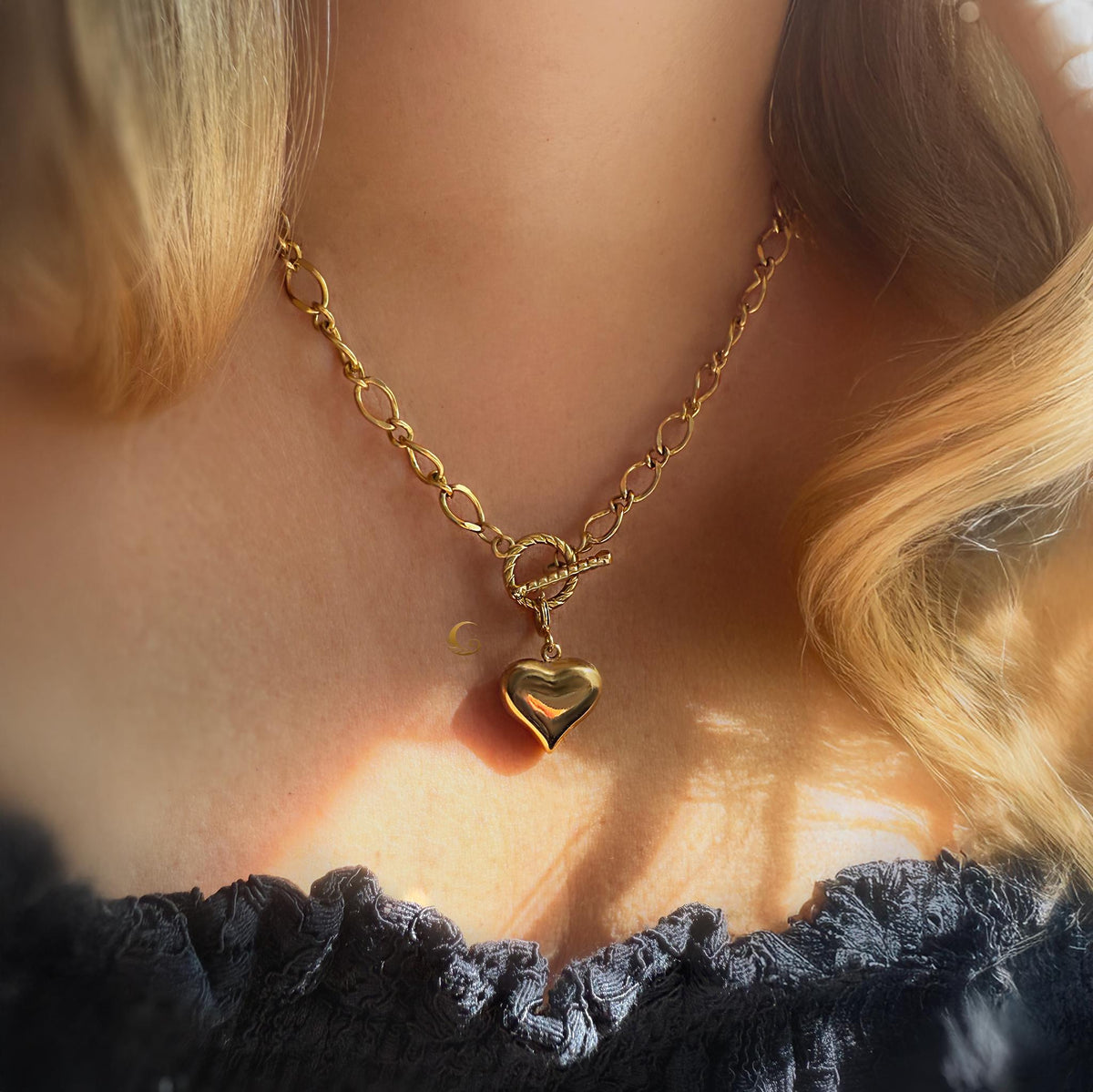 Puffy Gold Heart Toggle Necklace