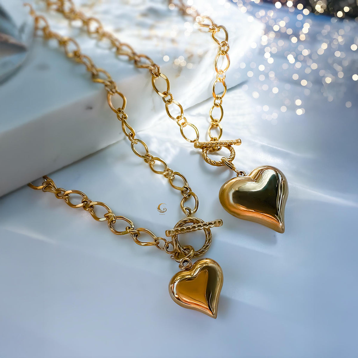 Puffy Gold Heart Toggle Necklace
