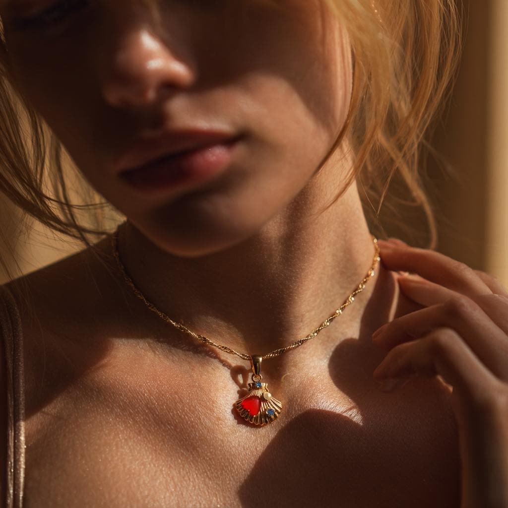 Gold Shell Heart Necklace with Red Enamel and Pearl