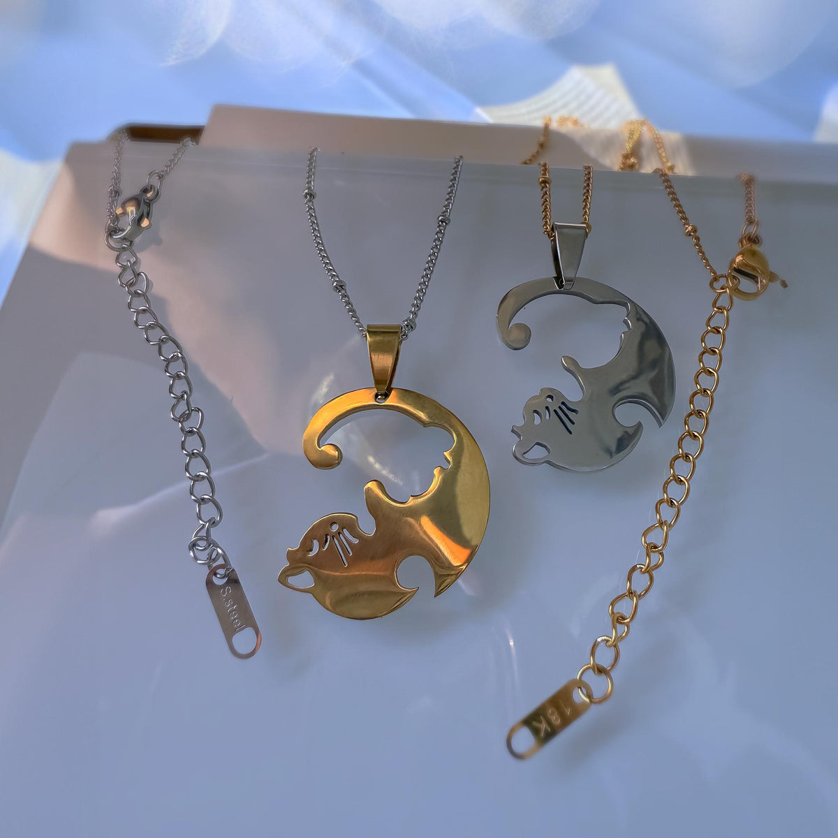 Matching Cat Necklaces for Best Friends, Gold and Silver Set