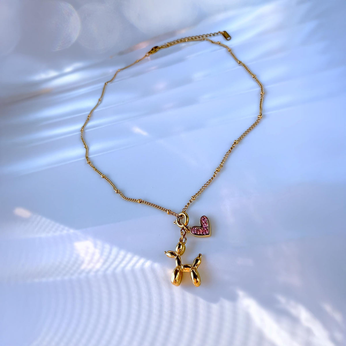 Balloon Dog Necklace with Pink Heart Charm