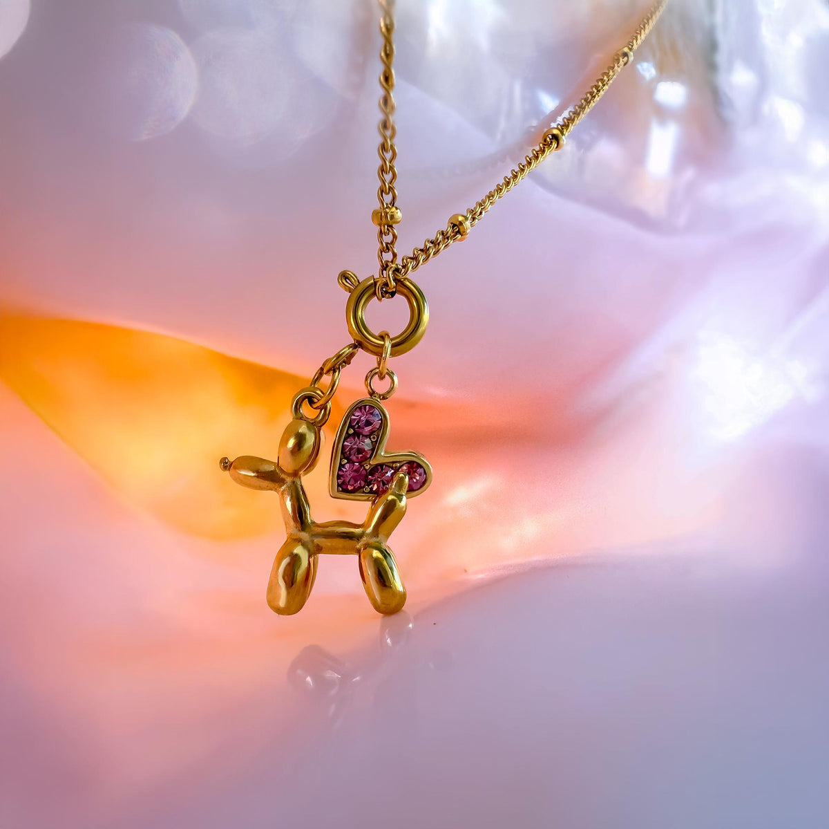 Balloon Dog Necklace with Pink Heart Charm